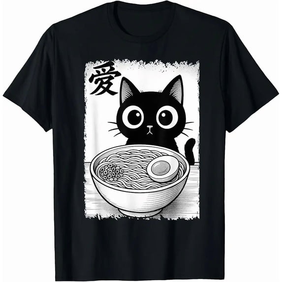 children’s wear Adorable Love Ai Kanji Black Cat Ramen Noodle Graphic T-Shirt for Boys and Girls