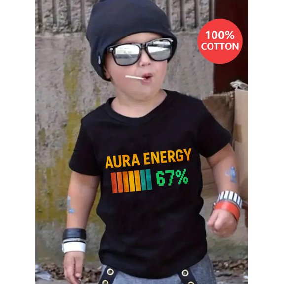 children’s wear Aura Energy Retro Graphic T-Shirt Funny Progress Bar 100% Cotton Short Sleeve Tee for Kids Boys Girls Toddler