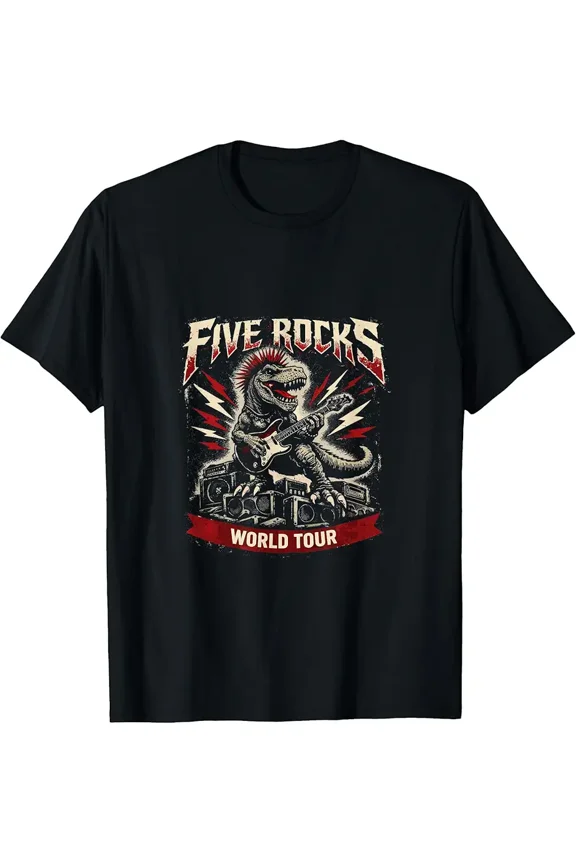 children’s wear Awesome Funny Rock and Roll T-Rex Dinosaur Guitarist Graphic T-Shirt for Boys, Retro Punk Rocker Five Rocks World Tour Tee for Kids