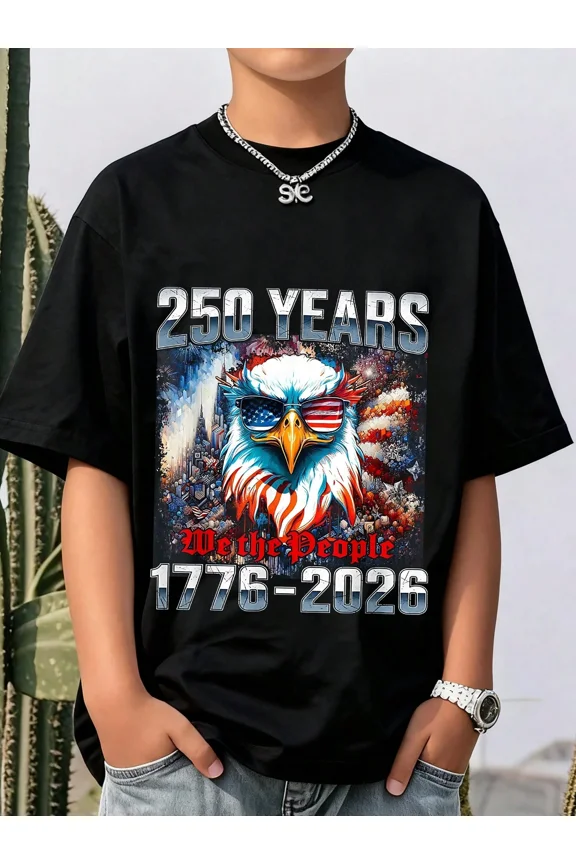 children’s wear Boy's Patriotic American Flag Bald Eagle 250 Years T-Shirt