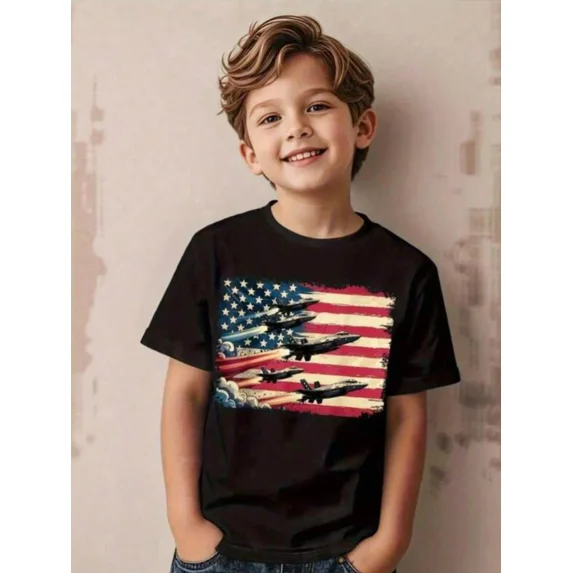 children’s wear Boys American Flag Fighter Jet T-Shirt Patriotic USA Military Aircraft Graphic Tee for Kids Retro Fourth of July Short Sleeve Top