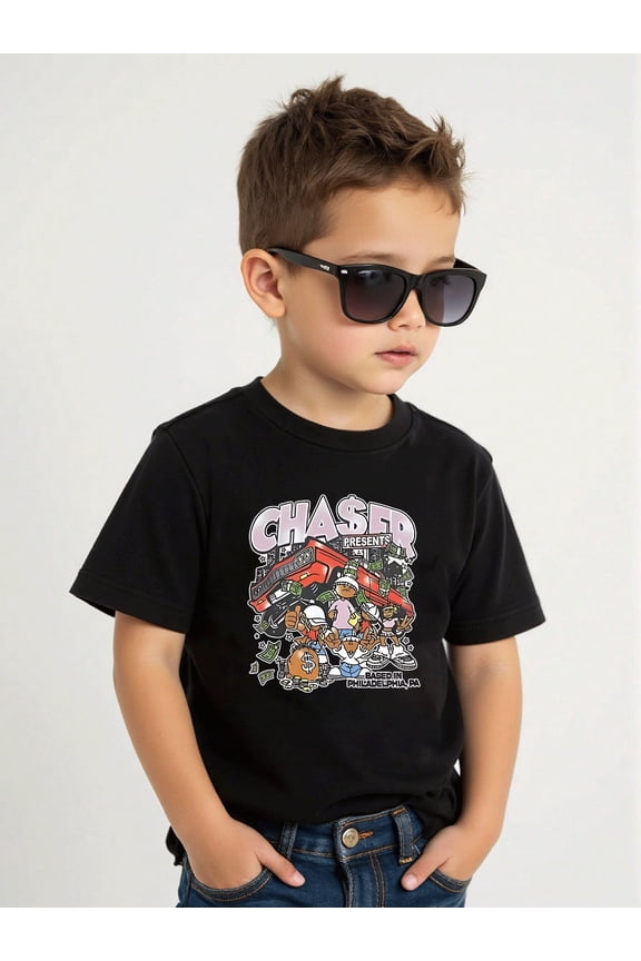children’s wear Boys Black Graphic T-Shirt Retro Streetwear Hip Hop Style Kids Short Sleeve Tee Philadelphia Chaser Design