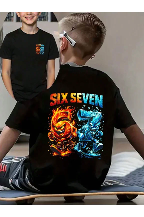 children’s wear Boys Fire and Ice Six Seven Graphic T-Shirt, Cool Cartoon Number 6 and 7 Black Cotton Tee for Kids, Funny Birthday Gift Short Sleeve Top