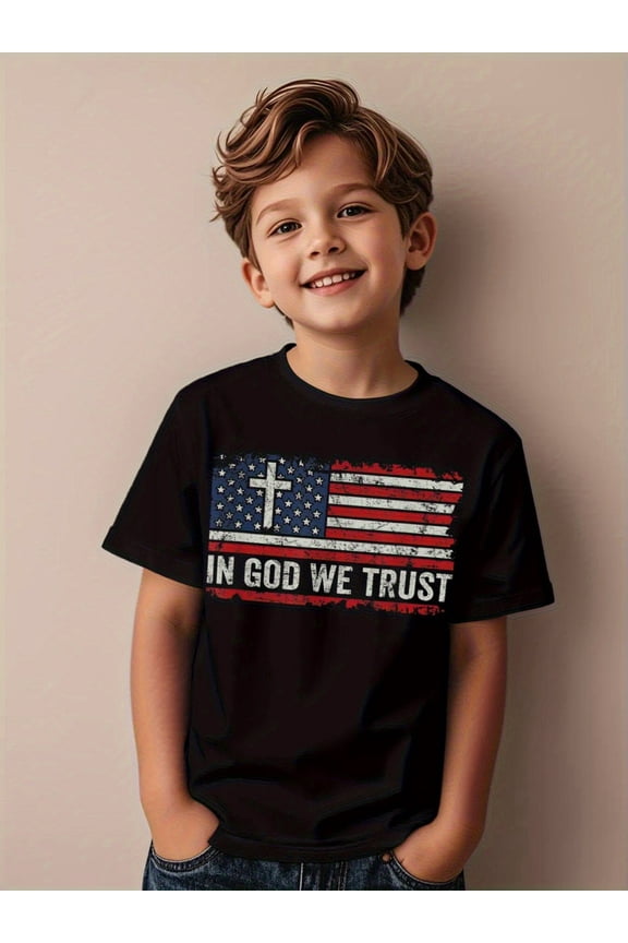 children’s wear Boys In God We Trust Christian American Flag T-Shirt Retro Patriotic Cross Graphic Tee for Kids