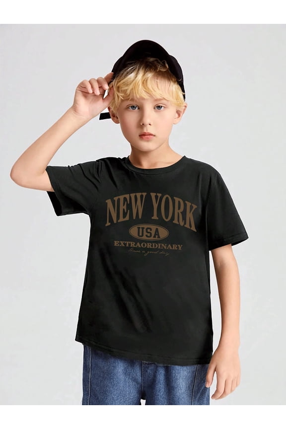 children’s wear Boys New York USA Graphic T-Shirt Retro Black Short Sleeve Cotton Tee for Kids Casual Summer Top