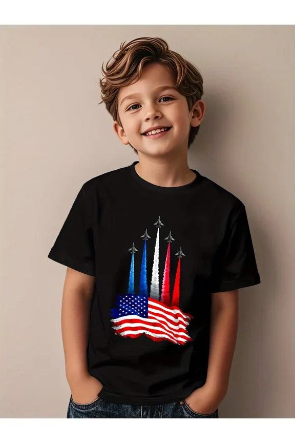 children’s wear Boys Patriotic American Flag Fighter Jet Graphic T-Shirt, Kids USA Pride Air Show Short Sleeve Cotton Tee