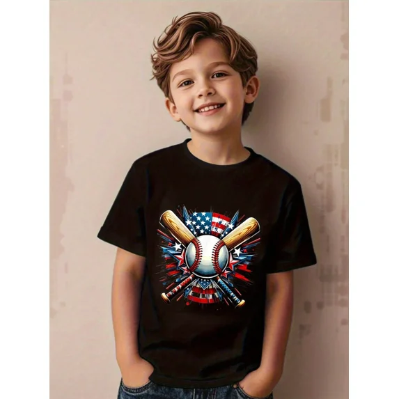 children’s wear Boys Patriotic Baseball T-Shirt American Flag Sports Graphic Tee for Kids Toddler