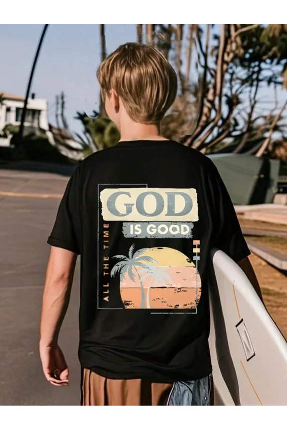 children's wear Christian Graphic T-Shirt God Is Good All The Time Sunset Palm Tree Surf Style Short Sleeve Crewneck Top
