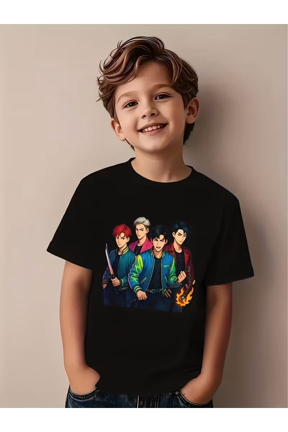 children’s wear Cool Anime Style Graphic T-Shirt for Boys, Action Characters with Sword and Fire for Kids