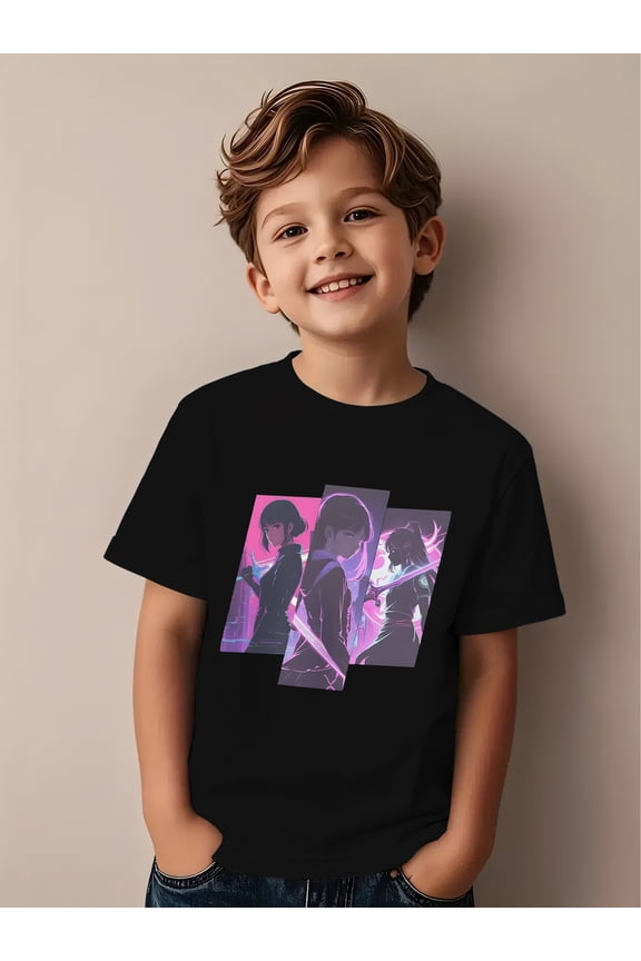 children’s wear Cool Boys Cyberpunk Anime Girls Graphic T-Shirt with Neon Swords Futuristic Sci-Fi Kids Short Sleeve Tee