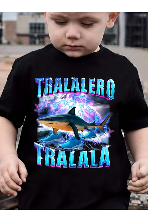 children’s wear Cool Boys Shark T-Shirt with Blue Sneakers and Electric Lightning Graphic, Unique TRALALERO TRALALA Kids Casual Tee Shirt