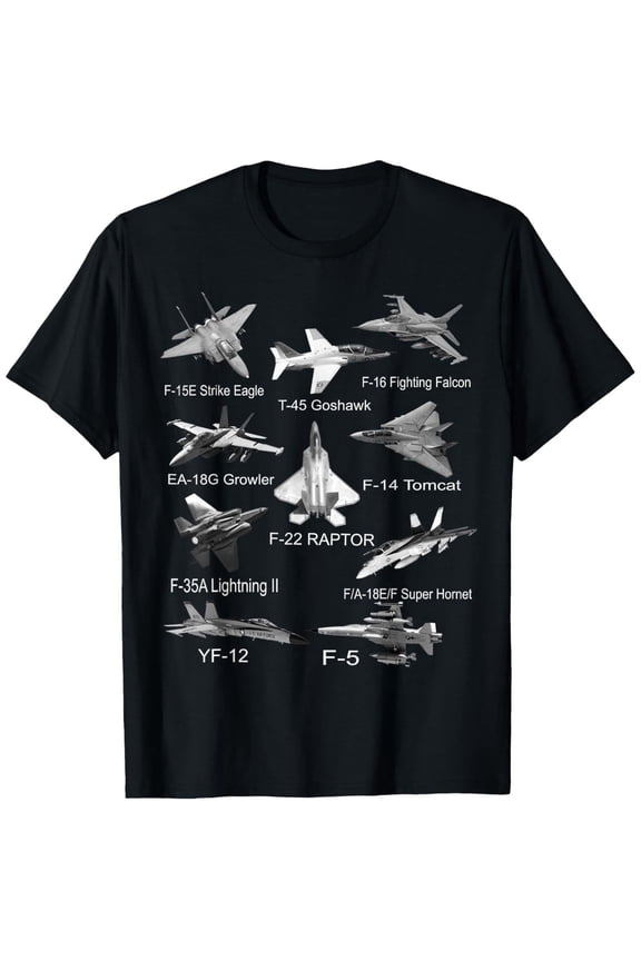 children’s wear Cool Military Fighter Jet Aircraft Graphic Tee for Boys Kids Retro Aviation Design Featuring F-22 Raptor and F-14 Tomcat