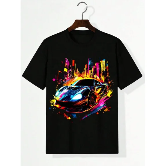 children’s wear Cool Neon Sports Car Racing Graphic T-Shirt for Boys, Colorful Abstract City Speed Car Cotton Tee for Kids and Toddlers