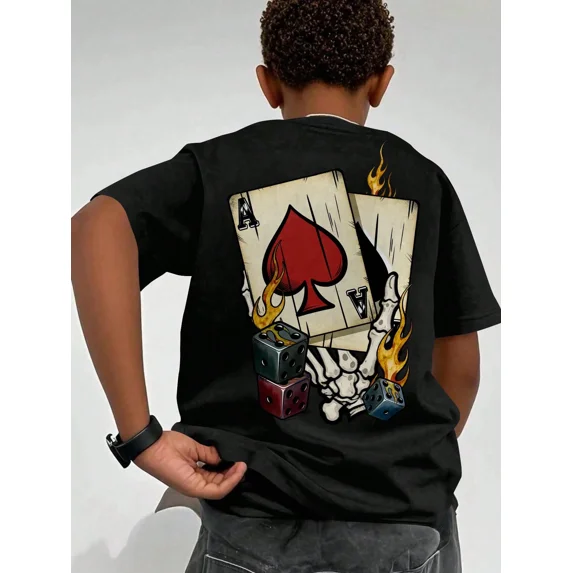 children’s wear Cool Retro Skeleton Hand Playing Cards and Dice Graphic T-Shirt for Boys Kids Casual Black Short Sleeve Tee