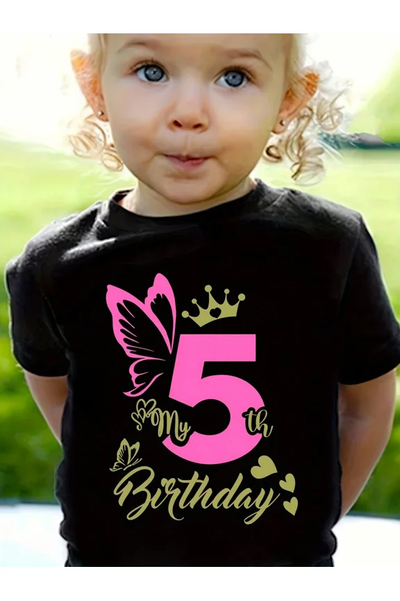 children’s wear Cute My 5th Birthday T-Shirt for Girls Retro Pink Butterfly and Gold Crown Graphic Cotton Tee Fun Birthday Party Outfit for Toddler Girls