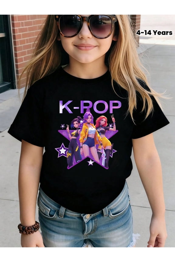 children’s wear Cute Anime K-Pop Graphic T-Shirt for Girls, Fashionable Music Fan Style Short Sleeve Top for Kids