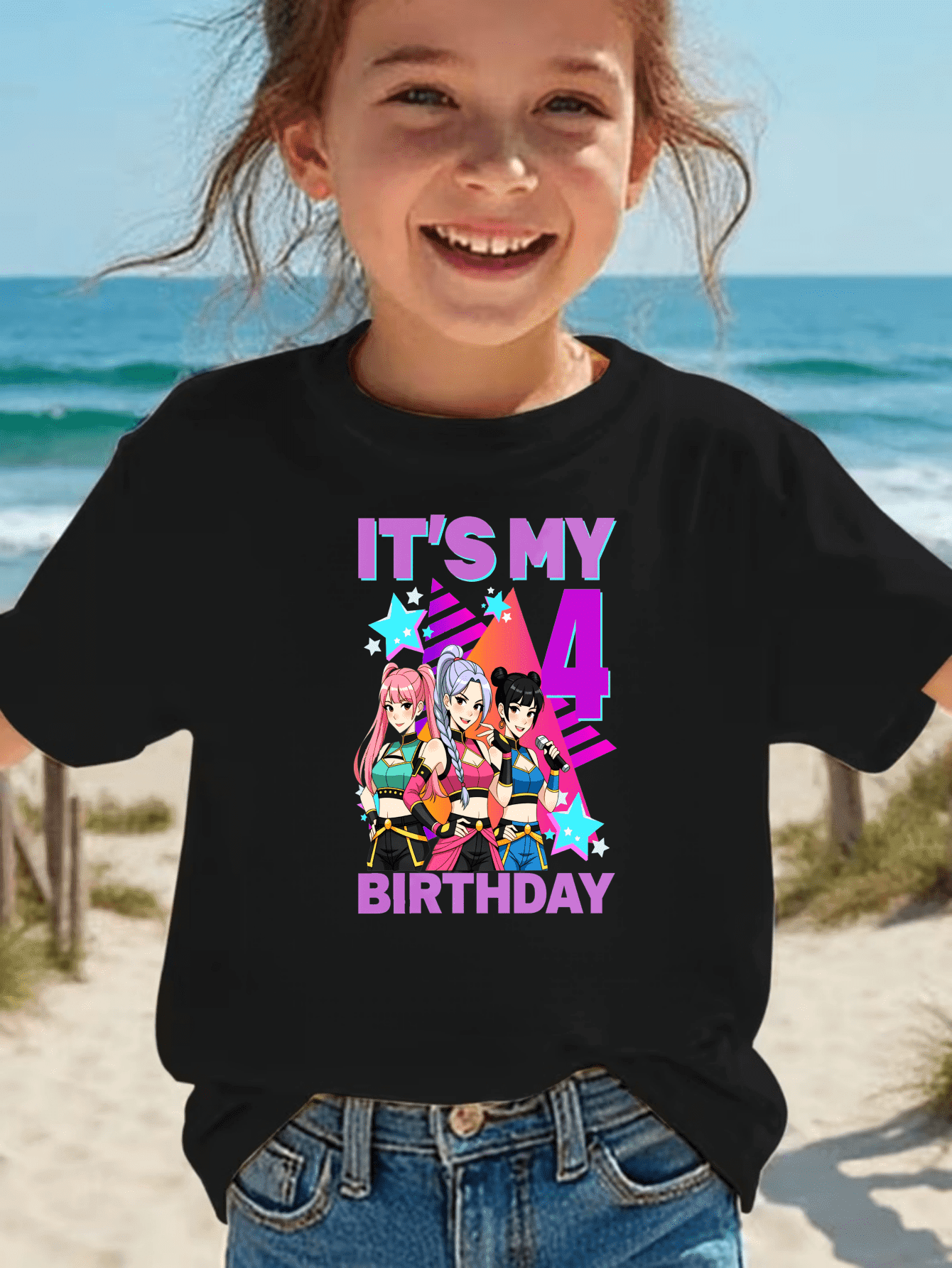 children’s wear Cute Anime K-pop Style Girls' 4th Birthday Shirt ...