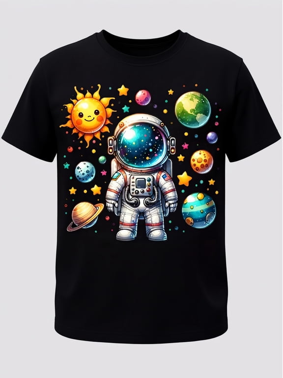 children’s wear Cute Astronaut Space Exploration Galaxy Graphic T-Shirt for Kids Boys Girls - Colorful Planets Sun Stars Science Universe Black Cotton Tee