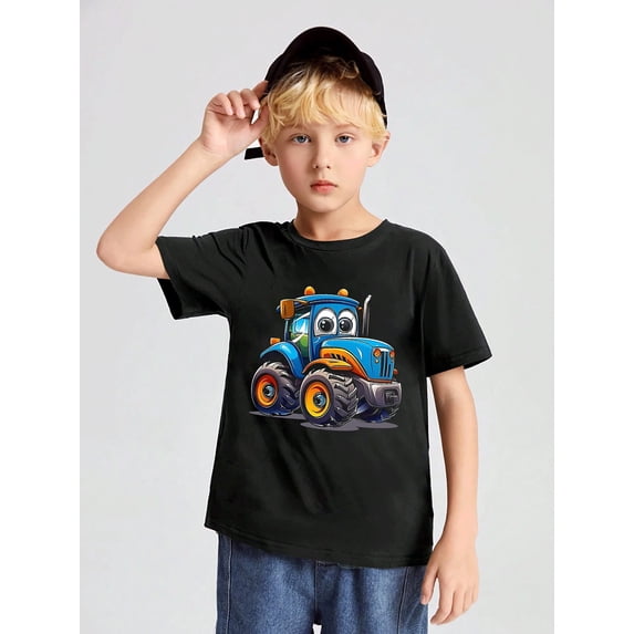 children’s wear Cute Blue Cartoon Tractor Graphic T-Shirt for Boys, Funny Farm Vehicle Cotton Short Sleeve Tee for Kids and Toddlers