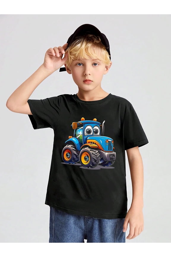 children’s wear Cute Blue Cartoon Tractor Graphic T-Shirt for Boys, Funny Farm Vehicle Cotton Short Sleeve Tee for Kids and Toddlers