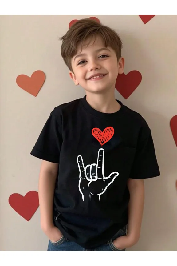children’s wear Cute Boys ASL I Love You Heart Graphic T-Shirt, Retro Kids Valentine's Day Short Sleeve Tee, Black Cotton Toddler Top
