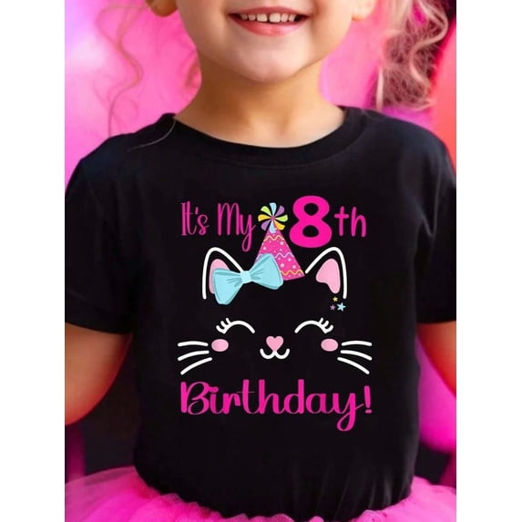 children’s wear Cute Cat 8th Birthday Shirt for Girls, Funny Retro Kitty Birthday Party Graphic Tee for Kids and Toddler