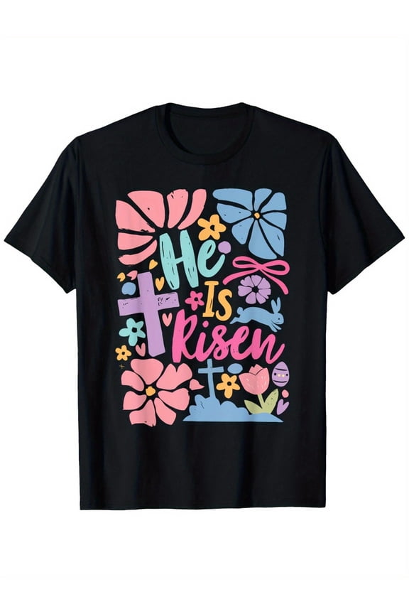 children’s wear Cute Colorful He Is Risen Easter Christian Religious Holiday Kids T-Shirt with Bunny and Cross Design