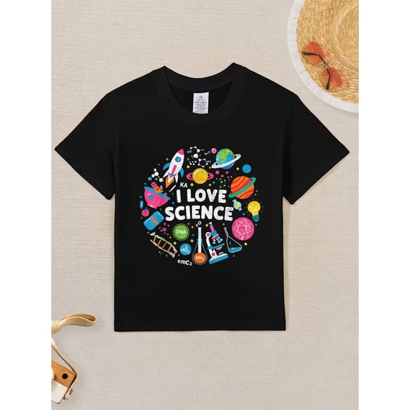 children’s wear Cute Colorful "I Love Science" Science-Themed Graphic T-Shirt for Kids, Boys, and Girls, Fun STEM Learning Educational Tee with Planets, Rockets, and Lab Tools