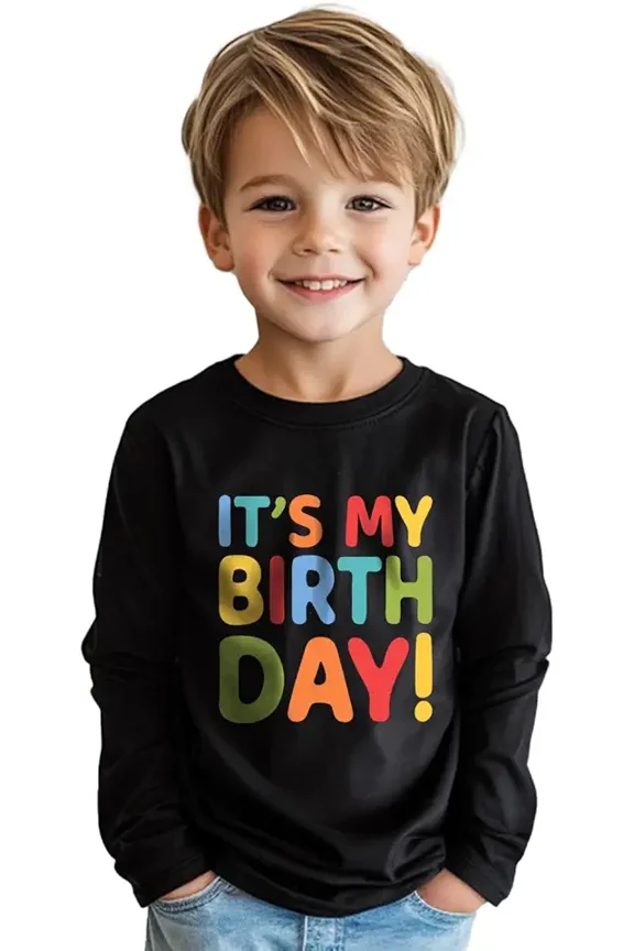 children’s wear Cute Colorful It's My Birthday Long Sleeve Graphic T-Shirt for Boys and Girls, Fun Birthday Party Outfit for Toddler and Kids