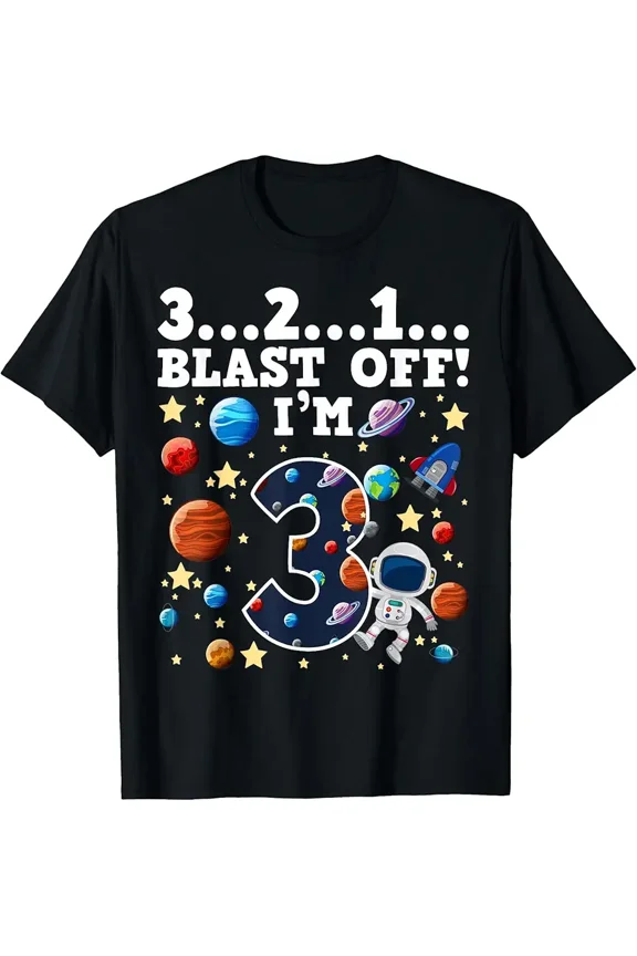 children’s wear Cute Cosmic Space Astronaut Planets Rocket Ship 3rd Birthday '3 2 1 Blast Off I'm 3' T-Shirt for Boys