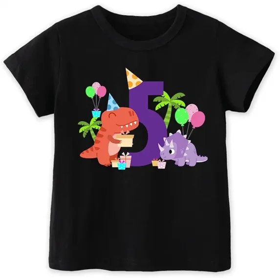 children’s wear Cute Dinosaur 5th Birthday Shirt for Boys and Girls, Funny T-Rex Triceratops 5 Year Old Kids Party Graphic Cotton Tee