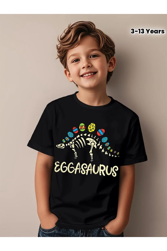 children’s wear Cute Eggasaurus Dinosaur Easter Graphic T-Shirt for Boys, Funny Dino Skeleton Kids' Casual Tee Top