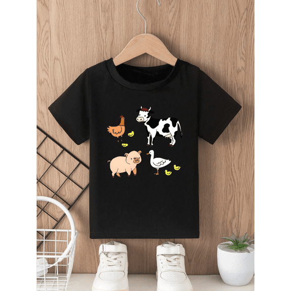 children’s wear Cute Farm Animals Cow Pig Chicken Duck Graphic Black T-Shirt for Kids Toddler Boys Girls Retro Funny Short Sleeve Tee