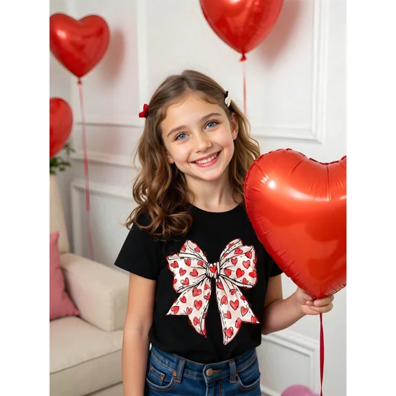 children’s wear Cute Girls Valentine's Day Heart Bow T-Shirt Red Heart Graphic Tee for Toddler Girls Casual Short Sleeve Cotton Top