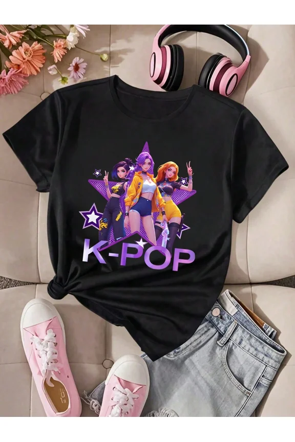 children’s wear Cute K-Pop Anime Girls Graphic T-Shirt for Kids, Trendy Black Short Sleeve Cotton Tee for Toddler Girls, Fashionable Music Star Top