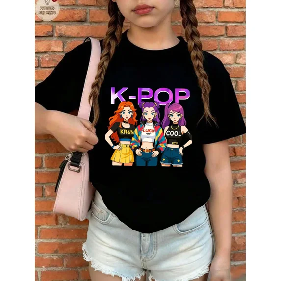 children’s wear Cute K-Pop Anime Graphic T-Shirt for Girls, Retro Music Inspired Short Sleeve Cotton Tee for Kids, Funny Cartoon Character Fashion Top for Toddler Girls