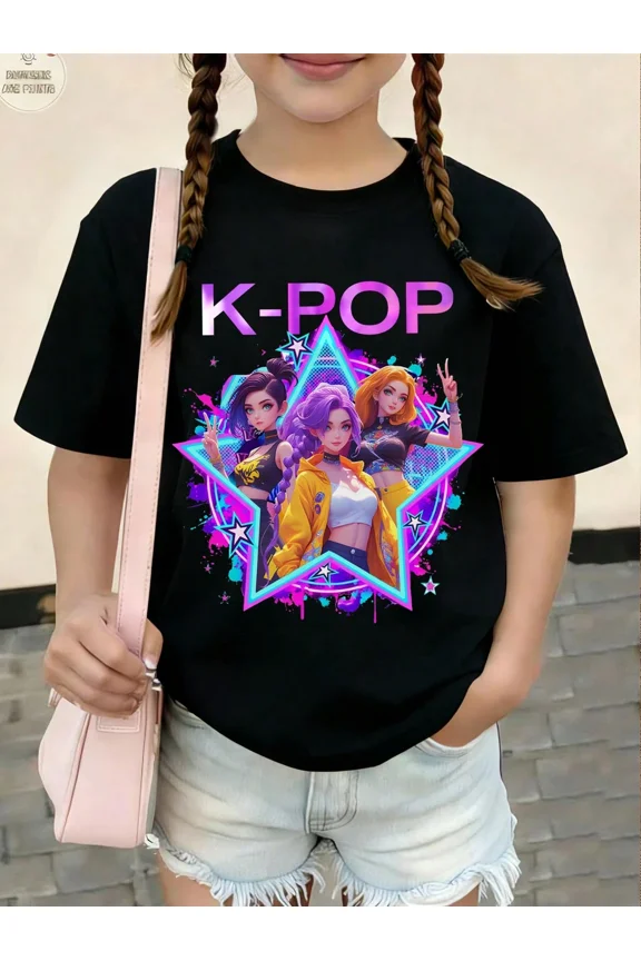 children’s wear Cute K-Pop Anime Graphic T-Shirt for Girls, Retro Star Design Black Short Sleeve Cotton Tee for Kids and Toddlers