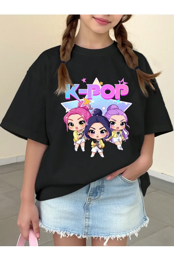 children’s wear Cute K-Pop Chibi Anime Graphic T-Shirt for Girls, Retro Music Star Black Cotton Tee for Kids and Toddler Girls