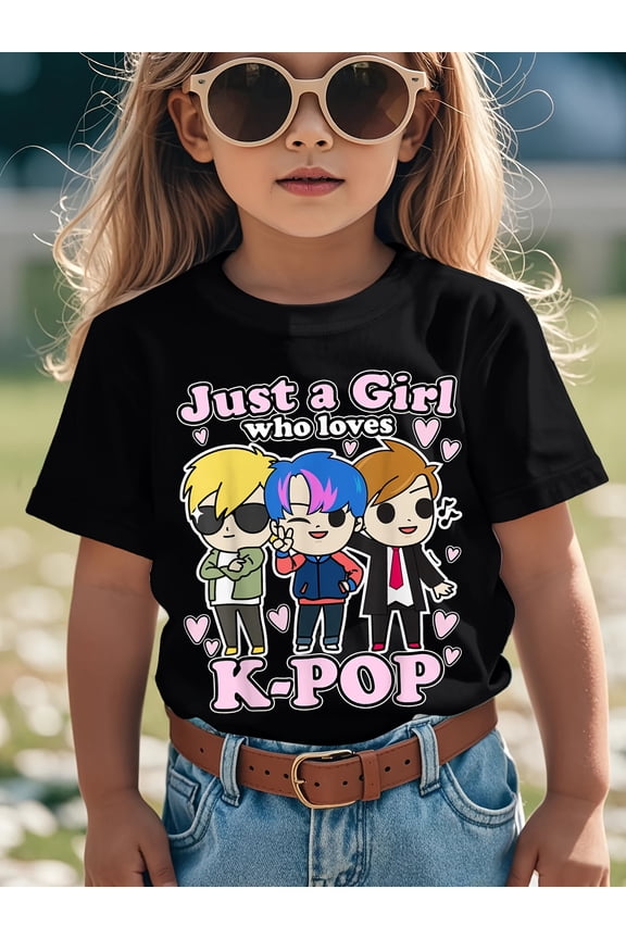 children’s wear Cute K-Pop Fan Graphic T-Shirt for Girls, Trendy Just a Girl Who Loves K-Pop Music Design Tee for Kids, Stylish Casual Child Apparel