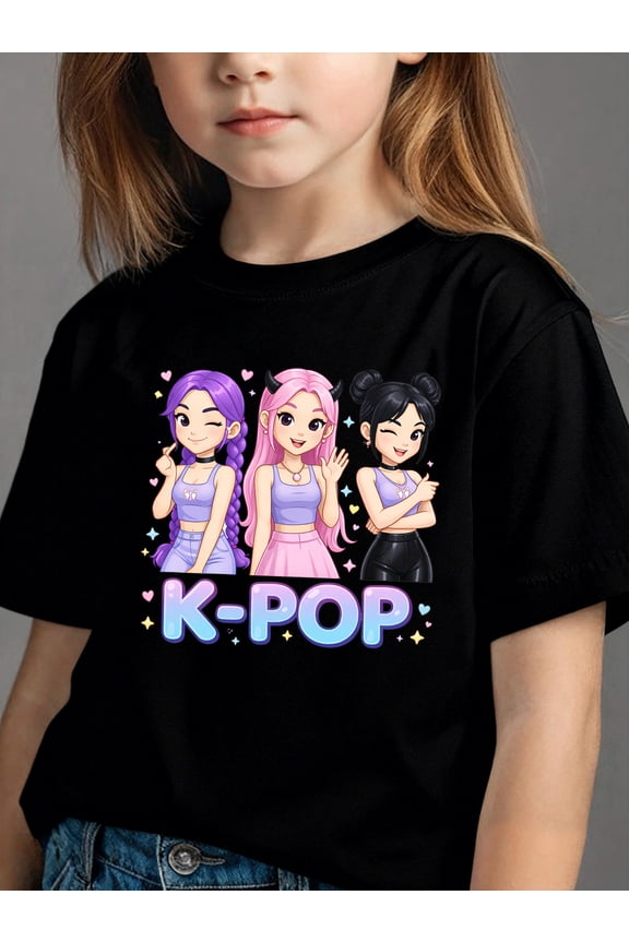 children’s wear Cute K-Pop Girls Graphic T-Shirt for Kids, Stylish Korean Pop Music Fan Short Sleeve Top for Girls