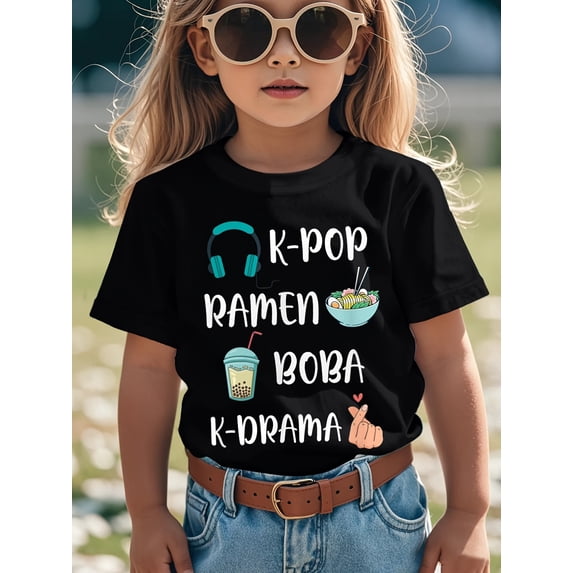 children’s wear Cute K-Pop Ramen Boba K-Drama Fan Graphic Tee Shirt for Girls and Kids