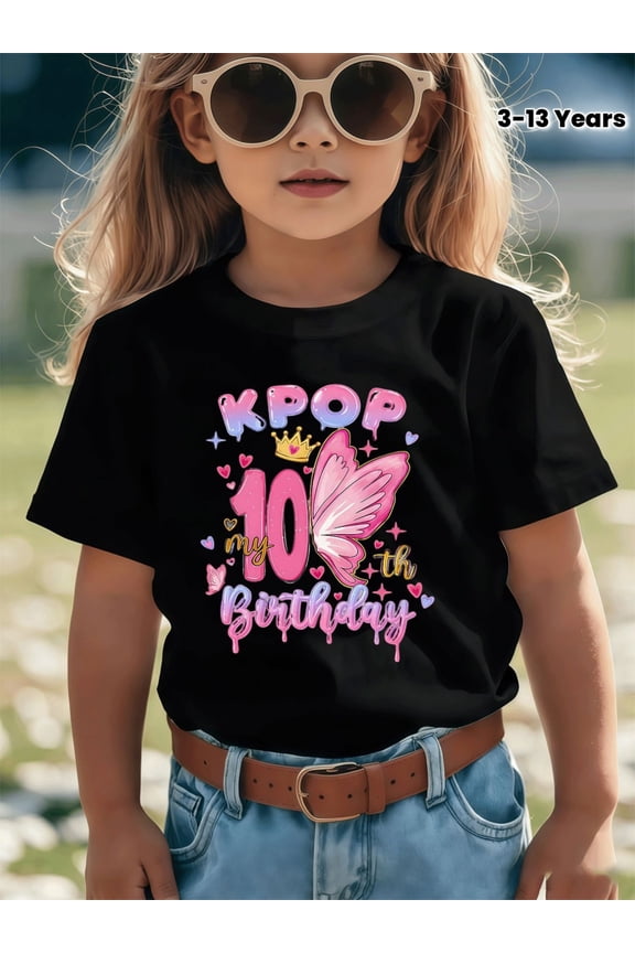 children’s wear Cute KPOP 10th Birthday Shirt for Girls, Pink Butterfly Crown Graphic Tee for Kids, Special Occasion Apparel
