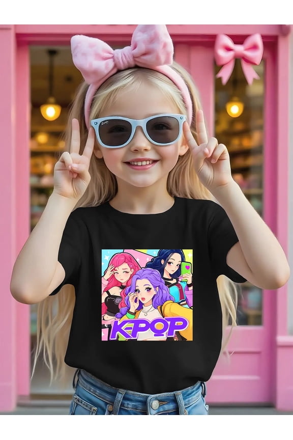 children’s wear Cute KPOP Anime Girls Graphic Tee Shirt for Kids, Trendy Colorful Korean Pop Music Fan Art Short Sleeve T-Shirt for Young Girls