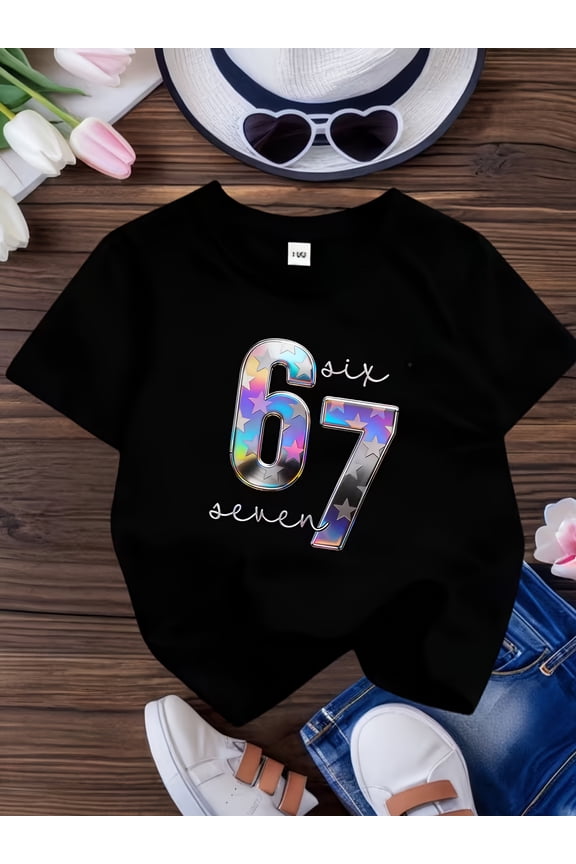 children’s wear Cute Kids Black T-Shirt Iridescent Holographic Star Number 67 Graphic Tee Soft Cotton Short Sleeve Top for Boys and Girls