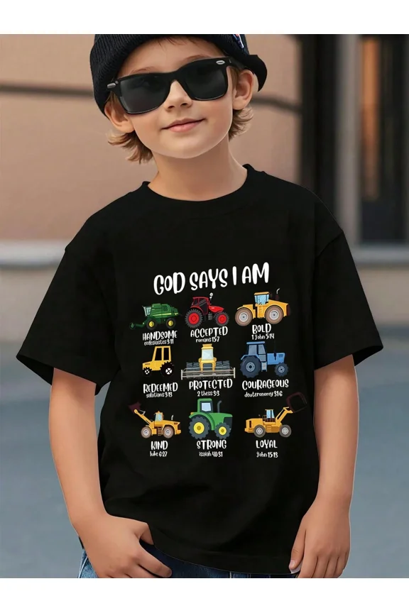 children’s wear Cute Kids Boys Black T-Shirt God Says I Am Christian Bible Verse Tractor Construction Vehicle Graphic Tee Toddler Boys Inspirational Religious Short Sleeve Top
