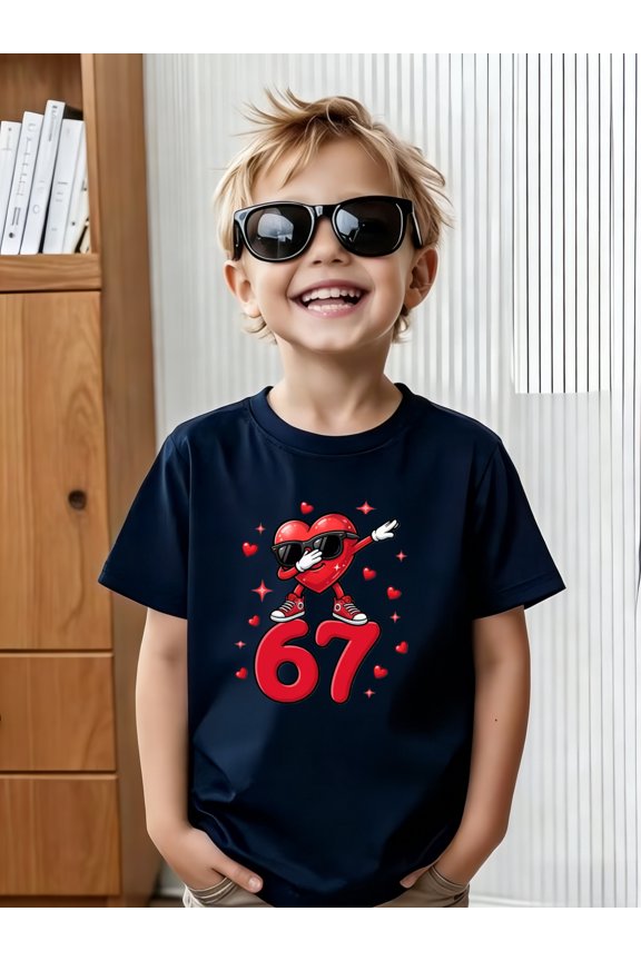 children’s wear Cute Kids Funny Heart Dab with Sunglasses Graphic T-Shirt Cool Boys Girls Toddler Short Sleeve Top Number 67 Navy Blue Retro Cotton Tee