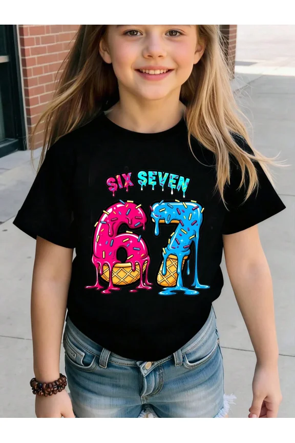 children’s wear Cute Kids Girls 6th 7th Birthday Ice Cream Donut Graphic T-Shirt Retro Sprinkles Short Sleeve Toddler Tee