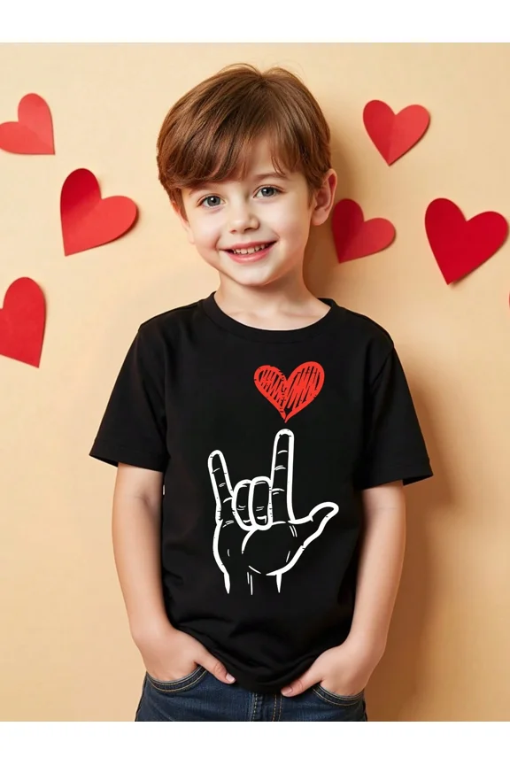 children’s wear Cute Kids I Love You ASL Sign Language Heart Graphic T-Shirt, Toddler Boys Girls Valentine's Day Short Sleeve Retro Tee