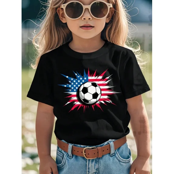 children’s wear Cute Kids Soccer T-Shirt American Flag USA Sports Graphic Tee for Girls and Boys Toddler Patriotic Soccer Ball Shirt