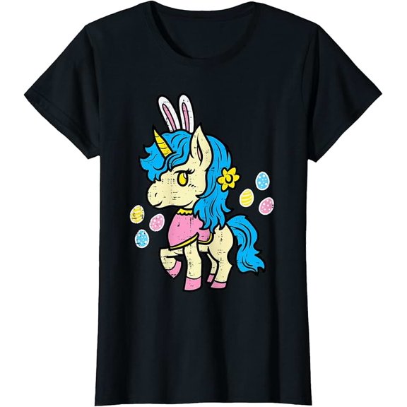 children’s wear Cute Magical Easter Unicorn Bunny Ears T-Shirt for Girls with Colorful Eggs Spring Season Apparel
